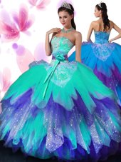 Top Selling Floor Length Multi-color Sweet 16 Quinceanera Dress Tulle Sleeveless Appliques and Ruffled Layers and Hand Made Flower