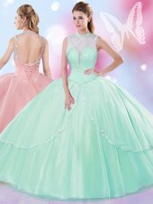 Traditional Peach High-neck Lace Up Beading and Ruffles Vestidos de Quinceanera Sleeveless