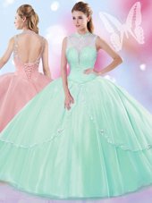 Free and Easy Apple Green Tulle Lace Up Quinceanera Dresses Sleeveless Floor Length Beading