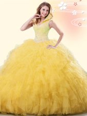 Yellow Ball Gowns Beading and Ruffles Sweet 16 Quinceanera Dress Backless Tulle Sleeveless Floor Length