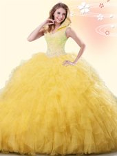 Yellow Ball Gowns Beading and Ruffles Sweet 16 Quinceanera Dress Backless Tulle Sleeveless Floor Length