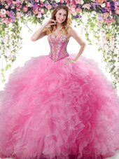 Rose Pink Tulle Lace Up 15th Birthday Dress Sleeveless Floor Length Beading and Ruffles