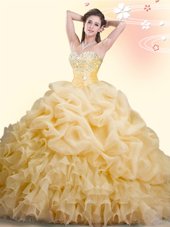 Gold Ball Gowns Beading and Ruffles and Pick Ups Sweet 16 Dress Lace Up Organza Sleeveless With Train