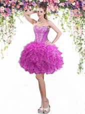 Popular Mini Length Fuchsia Pageant Dress Wholesale Tulle Sleeveless Beading and Ruffles