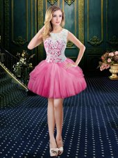 Eye-catching Scoop Hot Pink Ball Gowns Lace Pageant Gowns Clasp Handle Tulle Sleeveless Mini Length