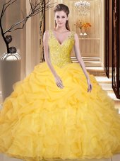 Stylish Gold Backless V-neck Lace and Appliques and Ruffles and Pick Ups Sweet 16 Quinceanera Dress Organza Sleeveless