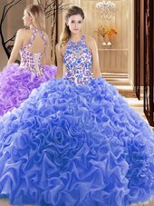 Customized Sleeveless Court Train Backless Embroidery and Ruffles Quinceanera Gown