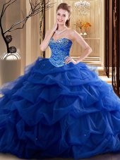 Royal Blue Tulle Lace Up Sweetheart Sleeveless Floor Length Vestidos de Quinceanera Beading