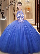 Custom Designed Sleeveless Tulle Floor Length Lace Up Vestidos de Quinceanera in Blue for with Lace and Appliques