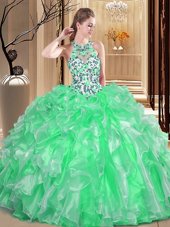 Scoop Ball Gowns Embroidery and Ruffles Quinceanera Gown Lace Up Organza Sleeveless Floor Length