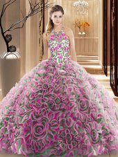 Multi-color 15 Quinceanera Dress Military Ball and Sweet 16 and Quinceanera and For with Ruffles and Pattern High-neck Sleeveless Brush Train Criss Cross