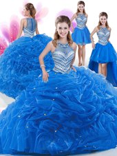 Four Piece Royal Blue Organza Zipper Quinceanera Dresses Sleeveless Floor Length Beading and Pick Ups