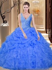 Backless Blue Sleeveless Lace and Appliques and Ruffles and Pick Ups Floor Length Sweet 16 Quinceanera Dress