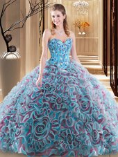 Luxurious Multi-color Lace Up Sweet 16 Dress Embroidery and Ruffles Sleeveless With Brush Train