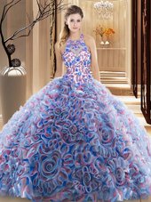 Multi-color Sweet 16 Quinceanera Dress Military Ball and Sweet 16 and Quinceanera and For with Ruffles and Pattern High-neck Sleeveless Brush Train Criss Cross