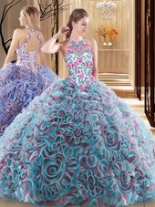 Multi-color Fabric With Rolling Flowers Criss Cross High-neck Sleeveless Quinceanera Gown Sweep Train Ruffles and Pattern
