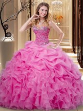 Pick Ups Ball Gowns 15th Birthday Dress Rose Pink Sweetheart Organza Sleeveless Floor Length Lace Up