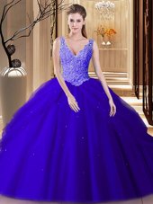 Super Sleeveless Tulle Floor Length Backless Vestidos de Quinceanera in Royal Blue for with Lace and Appliques and Pick Ups
