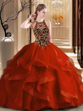 Simple Rust Red Tulle Backless Scoop Sleeveless Quince Ball Gowns Brush Train Embroidery and Ruffles