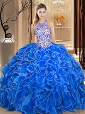 Dazzling Royal Blue Ball Gowns Scoop Sleeveless Organza Floor Length Backless Embroidery and Ruffles Sweet 16 Quinceanera Dress