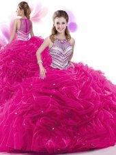 Fuchsia Ball Gowns High-neck Sleeveless Taffeta Court Train Zipper Ruffles and Pick Ups Quince Ball Gowns