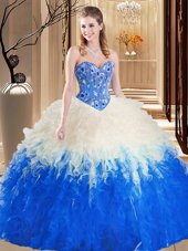 Tulle Sweetheart Sleeveless Lace Up Embroidery and Ruffles 15th Birthday Dress in Blue And White