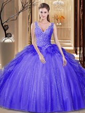 V-neck Sleeveless Tulle and Sequined Sweet 16 Dresses Appliques and Ruffles and Sequins Backless