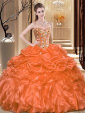 Graceful Embroidery and Ruffles Quinceanera Gown Orange Lace Up Sleeveless Floor Length