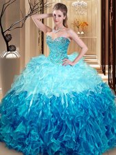 Organza Sweetheart Sleeveless Lace Up Beading and Ruffles Quince Ball Gowns in Multi-color