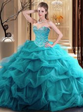 Teal Sleeveless Tulle Zipper Quinceanera Gown for Military Ball and Sweet 16 and Quinceanera