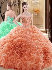 Sweetheart Sleeveless Fabric With Rolling Flowers Ball Gown Prom Dress Embroidery and Ruffles and Pick Ups Lace Up