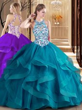 Simple Scoop Teal Sleeveless Brush Train Embroidery and Ruffles Quinceanera Gown