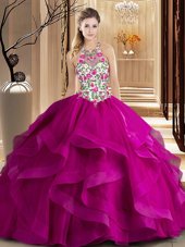 Scoop Ball Gowns Sleeveless Fuchsia Quinceanera Gowns Brush Train Zipper