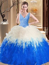 Beauteous Lace and Appliques and Ruffles 15th Birthday Dress Blue And White Zipper Sleeveless Floor Length