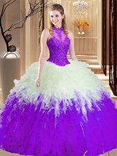 Traditional White And Purple Sleeveless Tulle Lace Up Quinceanera Dress for Military Ball and Sweet 16 and Quinceanera