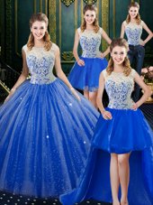 Four Piece Floor Length Royal Blue Quinceanera Dresses High-neck Sleeveless Brush Train Zipper