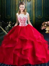Red Tulle Zipper Square Sleeveless With Train Quince Ball Gowns Brush Train Lace and Ruffles
