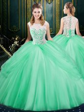 Inexpensive Scoop Apple Green Sleeveless Lace and Pick Ups Floor Length Sweet 16 Dresses