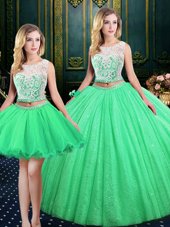 Three Piece Scoop Floor Length Quinceanera Dress Tulle and Sequined Sleeveless Lace and Sequins
