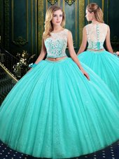 High End Scoop Blue Sleeveless Lace and Sequins Floor Length Sweet 16 Quinceanera Dress