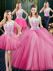 Four Piece Rose Pink Scoop Zipper Lace and Appliques and Pick Ups 15th Birthday Dress Sleeveless