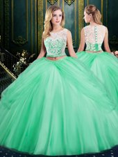 Scoop Apple Green Sleeveless Floor Length Lace and Pick Ups Zipper Quince Ball Gowns
