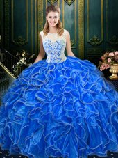 Royal Blue Ball Gowns Scoop Sleeveless Organza Floor Length Zipper Lace and Ruffles Vestidos de Quinceanera