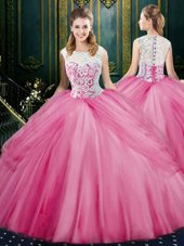 Attractive Scoop Floor Length Rose Pink Sweet 16 Dress Tulle Sleeveless Lace and Pick Ups