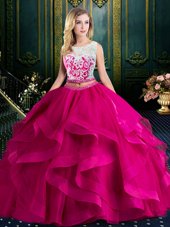 Cute Scoop Fuchsia Sleeveless With Train Lace and Ruffles Lace Up Quinceanera Gowns
