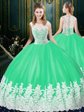 Tulle Scoop Sleeveless Zipper Lace and Appliques 15 Quinceanera Dress in Apple Green