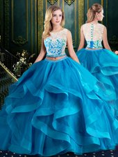 Brush Train Two Pieces Vestidos de Quinceanera Baby Blue Scoop Tulle Sleeveless With Train Zipper