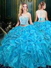Scoop Sleeveless Quinceanera Dress Floor Length Lace and Ruffles Baby Blue Organza