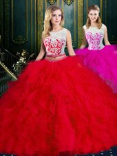 Scoop Sleeveless Quinceanera Gowns Floor Length Lace and Ruffles Red Tulle