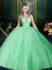 Beautiful Halter Top Sleeveless Lace Up Floor Length Beading and Lace and Ruffles and Ruching Sweet 16 Dress